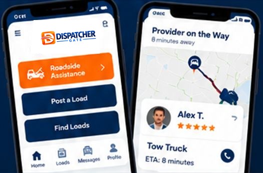 Dispatcher Gate app screens: roadside request and provider on the way