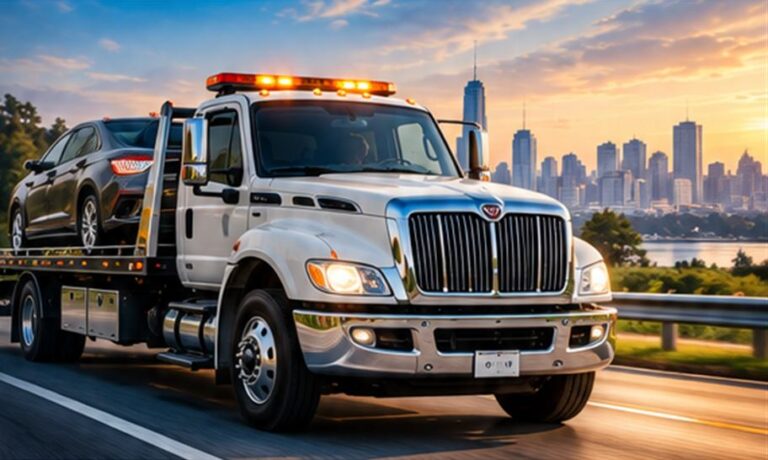 Flatbed tow truck carrying a car on a highway at sunset