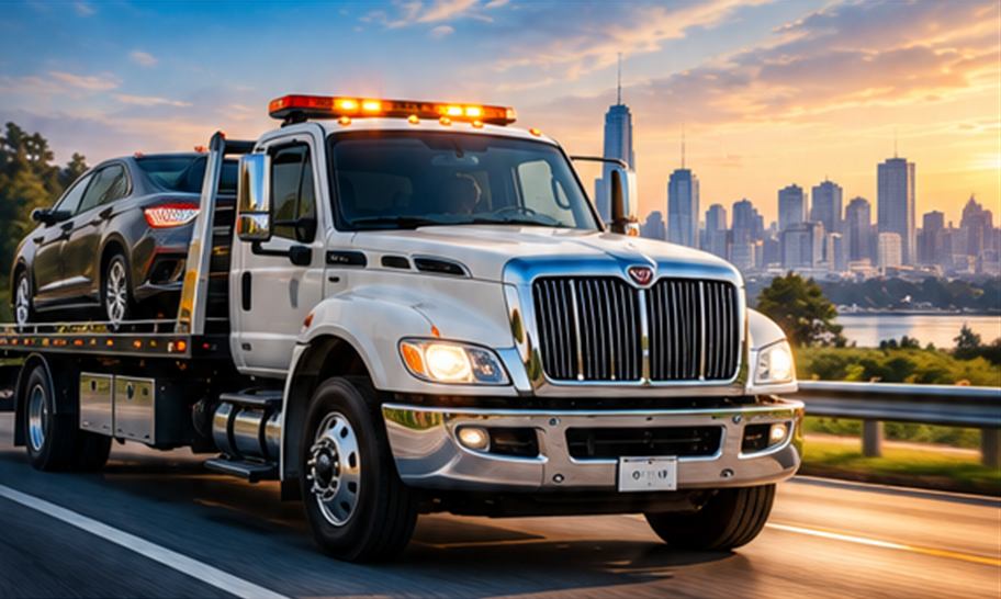 Flatbed tow truck carrying a car on a highway at sunset